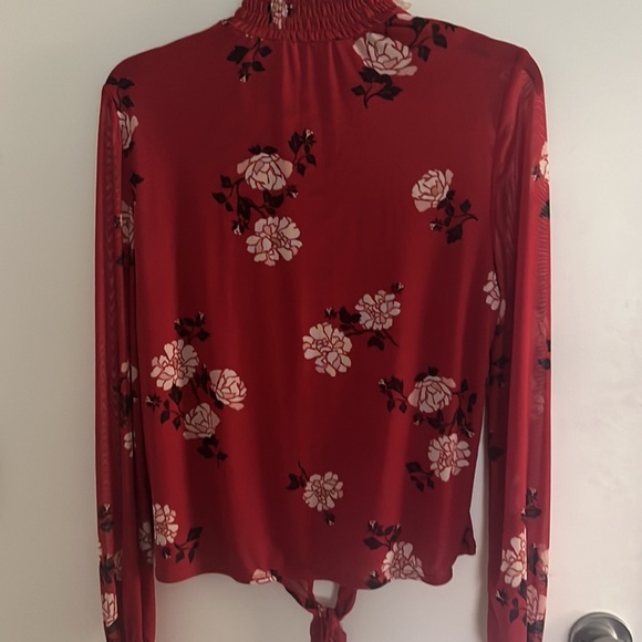 Red flowered long sleeve mock neck top. - Picture 4 of 4